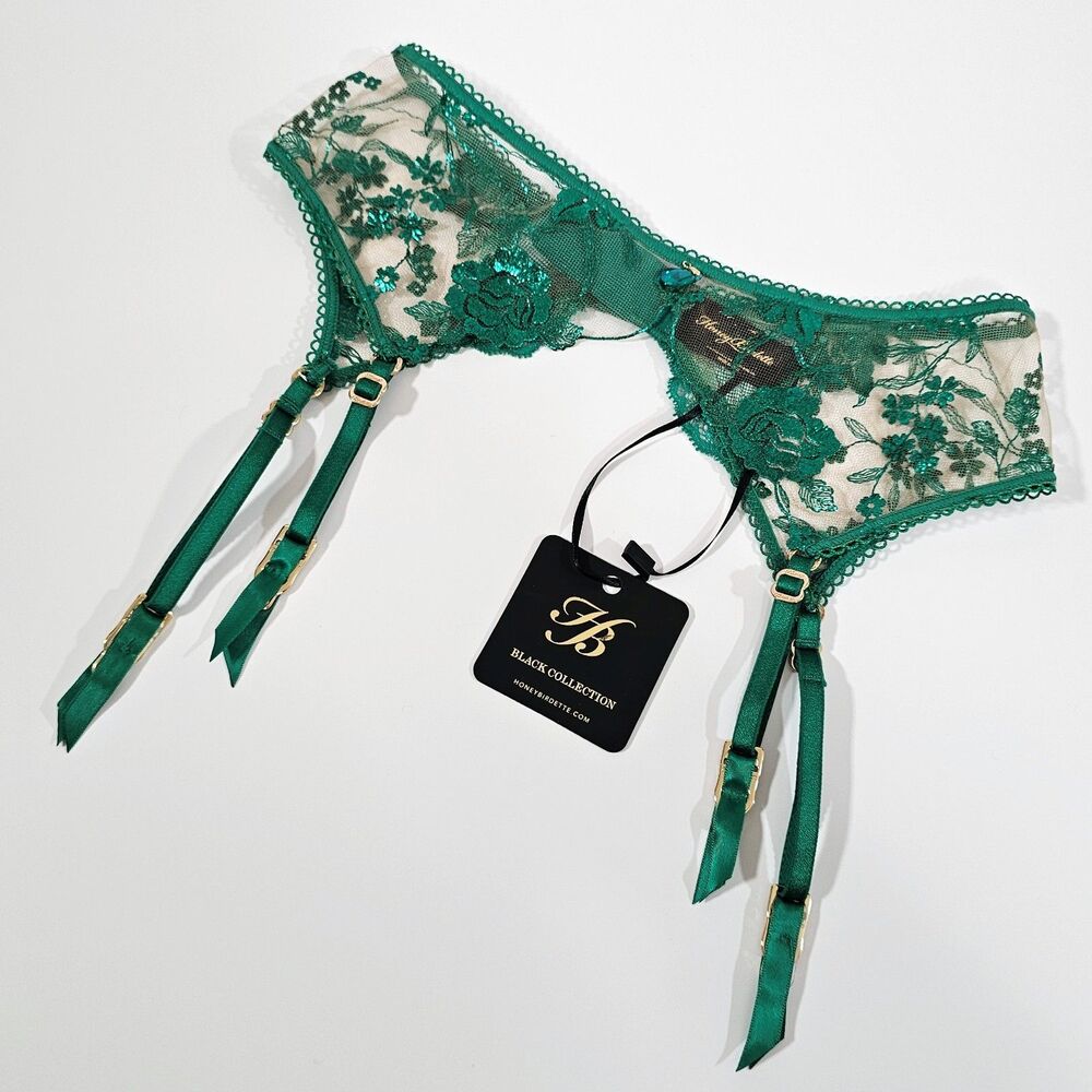Honey Birdette Whitney Emerald Green Floral Lace Suspender Garter Belt Size S
